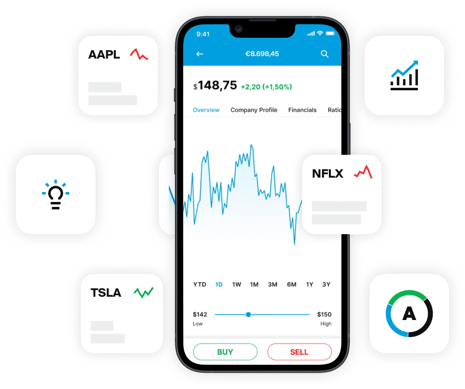 Smartphone zobrazující graf akcií v aplikaci EXDEGIRO s ikonami AAPL, TSLA a NFLX kolem
