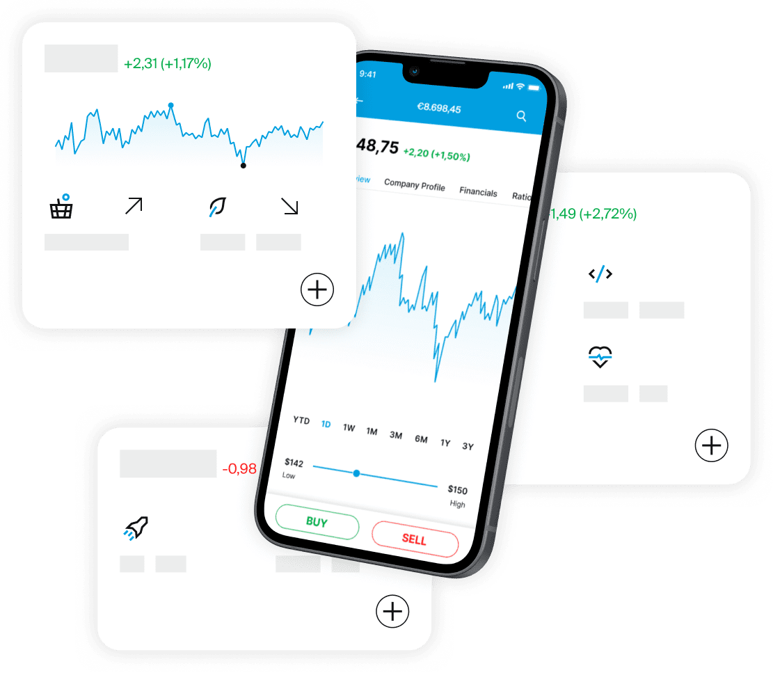 Smartphone, das den Chart der EXDEGIRO-App mit schwebenden Marktdatenfeldern und Symbolen zeigt