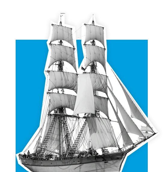 Nave a vela storica con più alberi e vele su sfondo blu